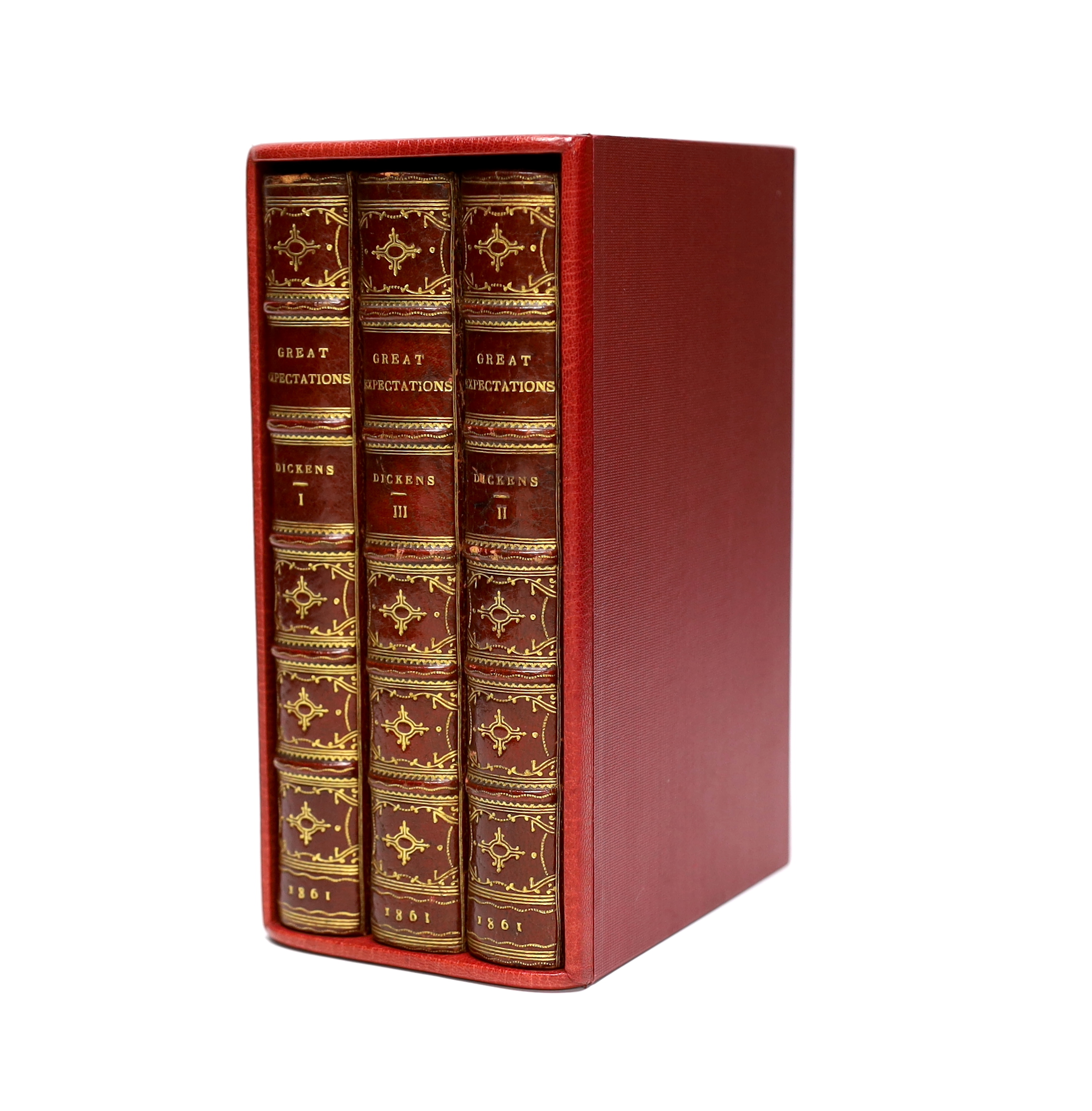 Dickens, Charles - Great Expectations, 3 vols, 1st edition in book form, 1st issue with no edition statements on title-page, crown 8vo (187 x 115mm.), in fine mid 20th century gilt-ruled red levant morocco bindings, gilt
